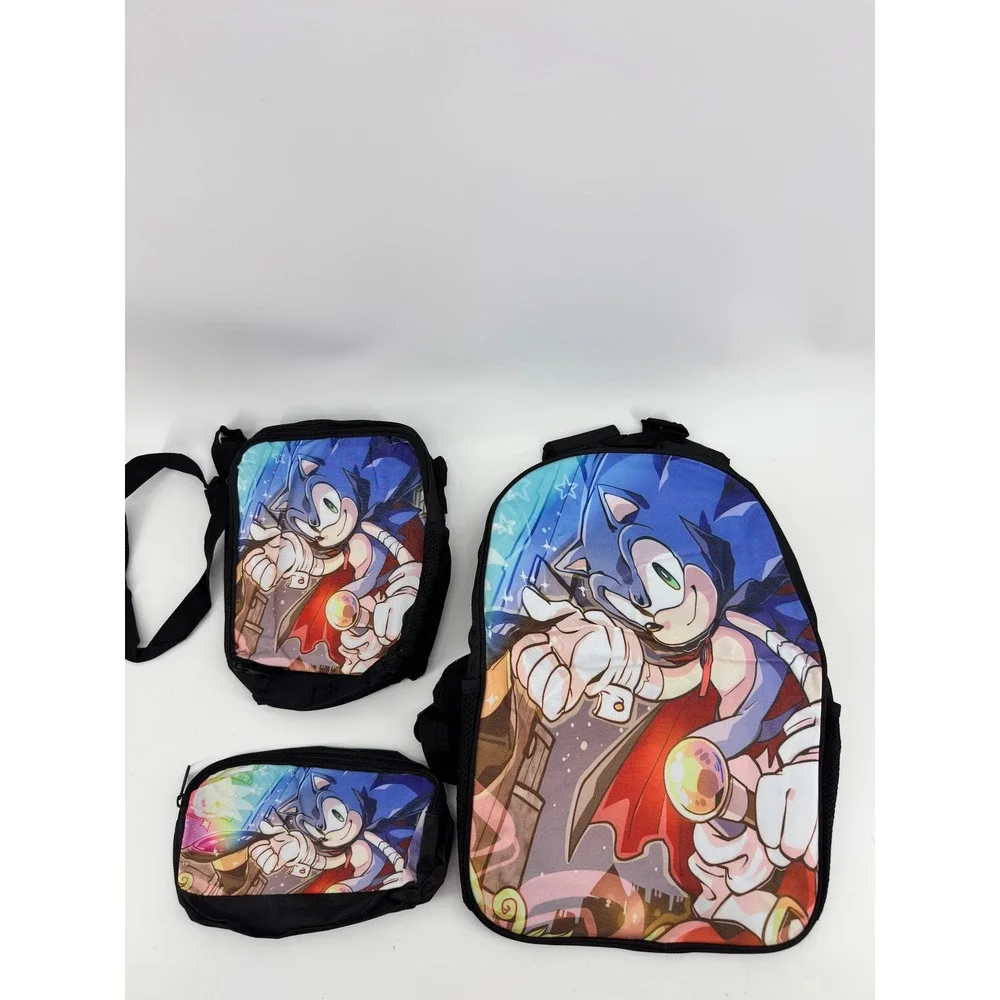 Sonic the Hedgehog 3 Piece Backpack Lunch Bag and Pencil Case Set Blue Black